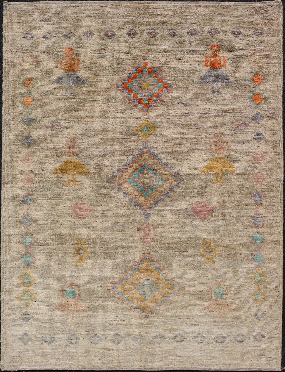 Modern Casual Woolen Tribal Hand - Knotted Rug with Sub - Geometric Design This modern casual tribal rug has been finely hand - knotted using superior wool. The rug features a modern sub - geometric design, replete with various motifs in multicolor, m... - Keivan Woven ArtsAFG - 39998 - 19406Rug