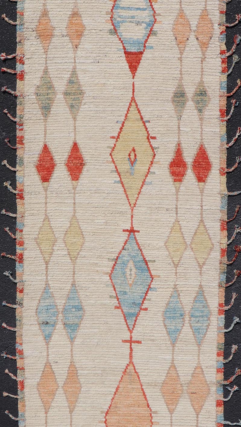 Hand - Knotted Tribal Moroccan Runner in Wool with Sub - Geometric Diamond Design This modern casual tribal runner has been hand - knotted in wool. The rug features a modern sub - geometric diamond design, rendered in multicolor and enclosed within a c... - Keivan Woven ArtsAFG - 40818 - 19610Rug