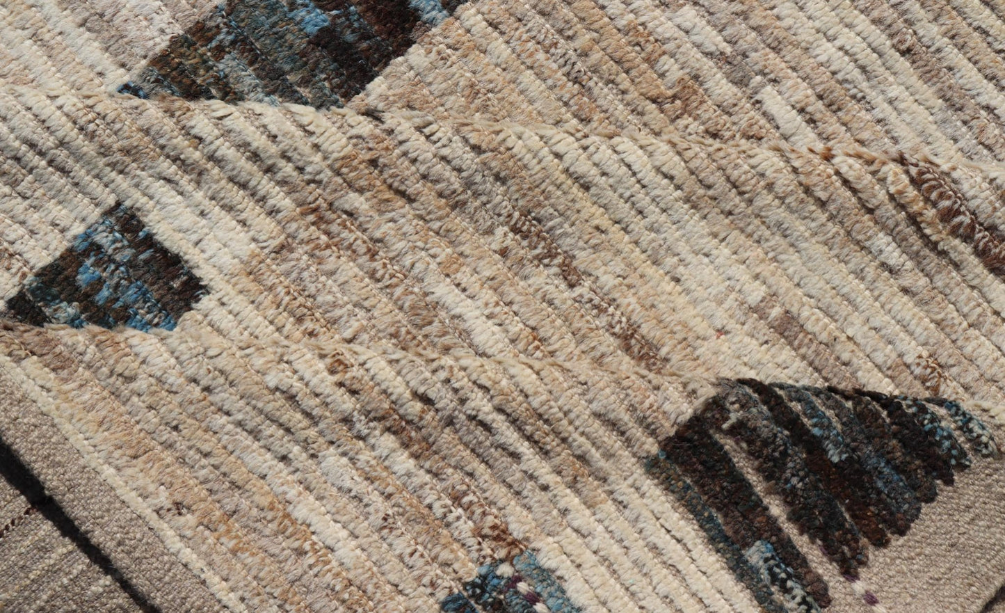 Modern Hand - Knotted Moroccan Rug in Wool with Sub - Geometric Design This modern casual tribal rug has been hand - knotted in wool. The rug features a modern sub - geometric modern design, rendered in blue, charcoal and earthy tones; making this rug a... - Keivan Woven ArtsAFG - 40965 - 19634Rug