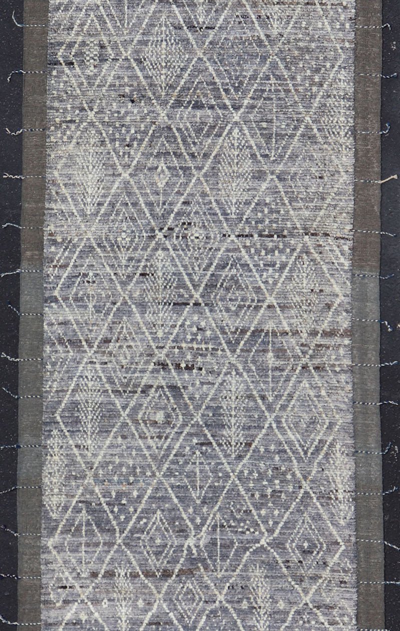 Modern Casual Gallery Runner with Moroccan Diamond Pattern in Purple, gray, Lilac, Ivory & Brown This beautiful Moroccan gallery runner, from our Modern Casual collection, is rendered in a gray - , purple, lilac background, with an ivory diamond d... - Keivan Woven ArtsAFG - 43427 - 20175Rug