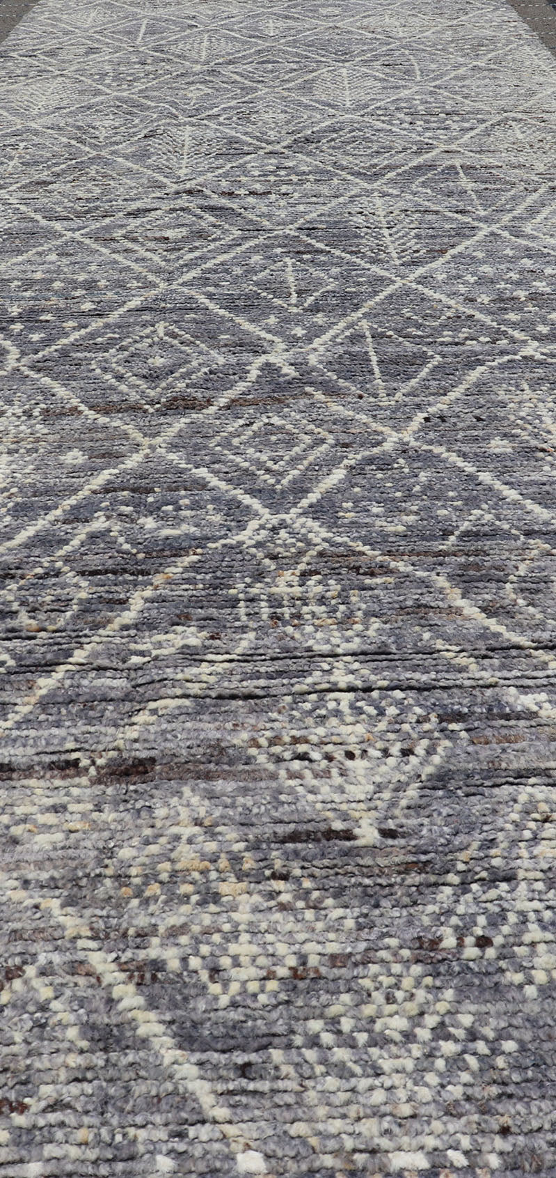 Modern Casual Gallery Runner with Moroccan Diamond Pattern in Purple, gray, Lilac, Ivory & Brown This beautiful Moroccan gallery runner, from our Modern Casual collection, is rendered in a gray - , purple, lilac background, with an ivory diamond d... - Keivan Woven ArtsAFG - 43427 - 20175Rug