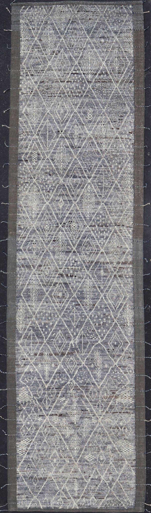 Modern Casual Gallery Runner with Moroccan Diamond Pattern in Purple, gray, Lilac, Ivory & Brown This beautiful Moroccan gallery runner, from our Modern Casual collection, is rendered in a gray - , purple, lilac background, with an ivory diamond d... - Keivan Woven ArtsAFG - 43427 - 20175Rug