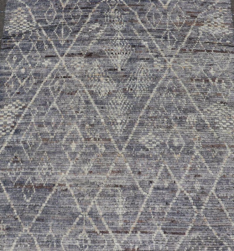Modern Casual Gallery Runner with Moroccan Diamond Pattern in Purple, gray, Lilac, Ivory & Brown This beautiful Moroccan gallery runner, from our Modern Casual collection, is rendered in a gray - , purple, lilac background, with an ivory diamond d... - Keivan Woven ArtsAFG - 43427 - 20175Rug