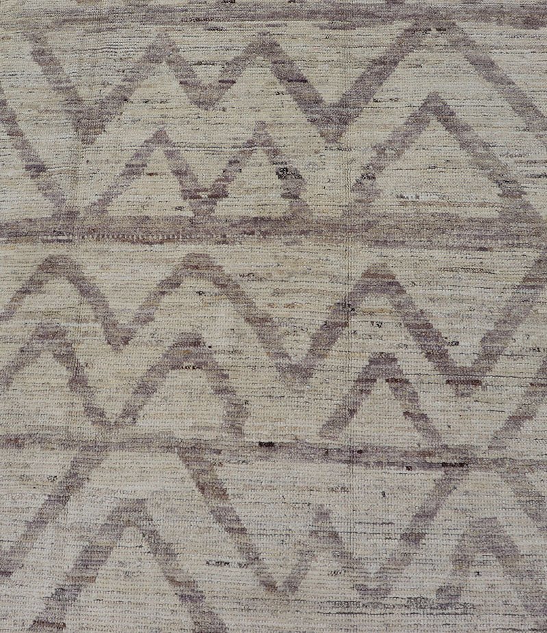 Afghan Modern Casual Chevron Runner in Light Cream and Dark Gray This quirky gallery runner features cream and light gray, with a chevron - like pattern skewing across the rug's width. Between the quiet coalescence of the shades of gray an... - Keivan Woven ArtsAFG - 43428 - 20181Rug
