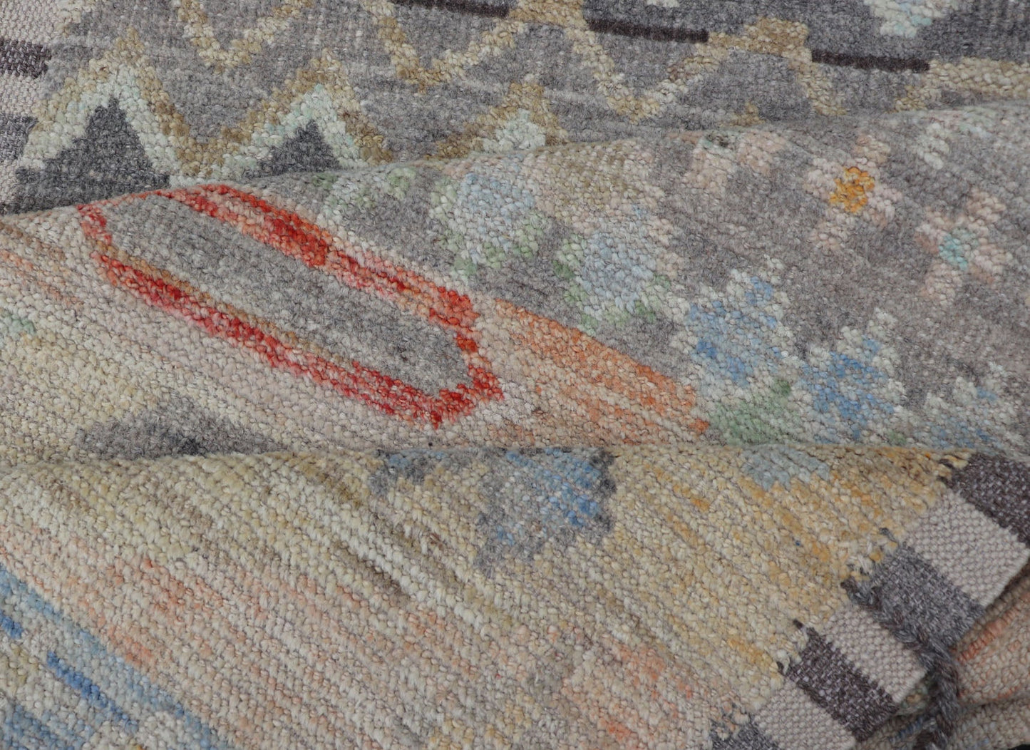Modern Casual Afghan Gallery Runner in Pastels Hand - woven with wool in Afghanistan, this beautiful gallery piece features a modern yet tribal design in pastels such as coral, blue, jade, emerald, and pink. Bright vibrant red diamonds disturb... - Keivan Woven ArtsAFG - 43430 - 20193Rug