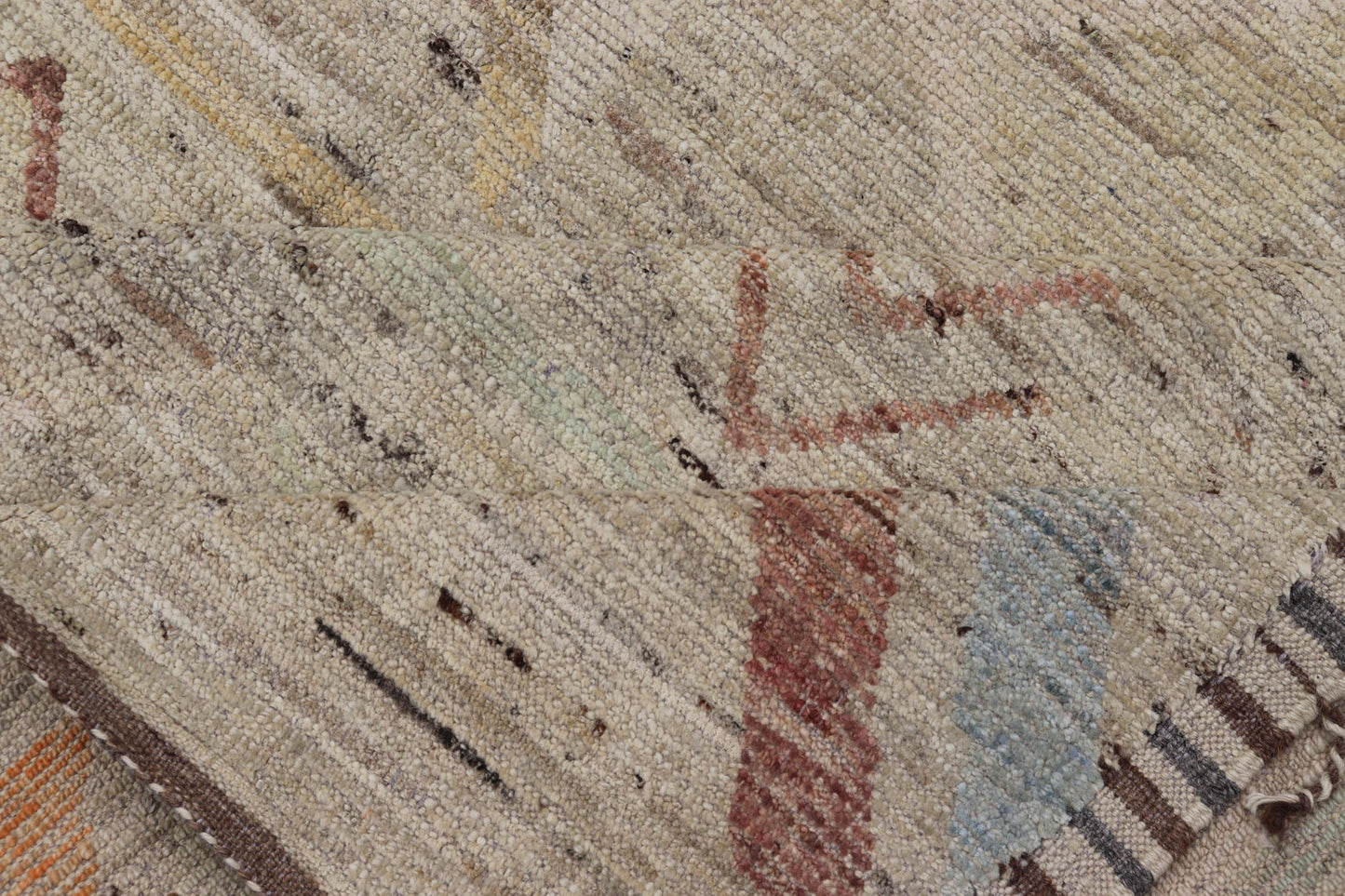 Large Modern Casual Area Rug in Sandy Tones With Pops of Color This elegant modern casual was hand - knotted in Afghanistan. The large open field displays tribal - like motifs atop of warm - yet - subtle sandy hues of beige and light taupe. The des... - Keivan Woven ArtsAFG - 43448 - 20217Rug