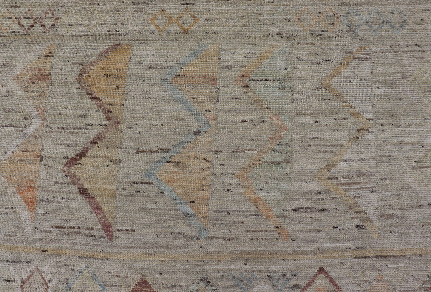 Large Modern Casual Area Rug in Sandy Tones With Pops of Color This elegant modern casual was hand - knotted in Afghanistan. The large open field displays tribal - like motifs atop of warm - yet - subtle sandy hues of beige and light taupe. The des... - Keivan Woven ArtsAFG - 43448 - 20217Rug