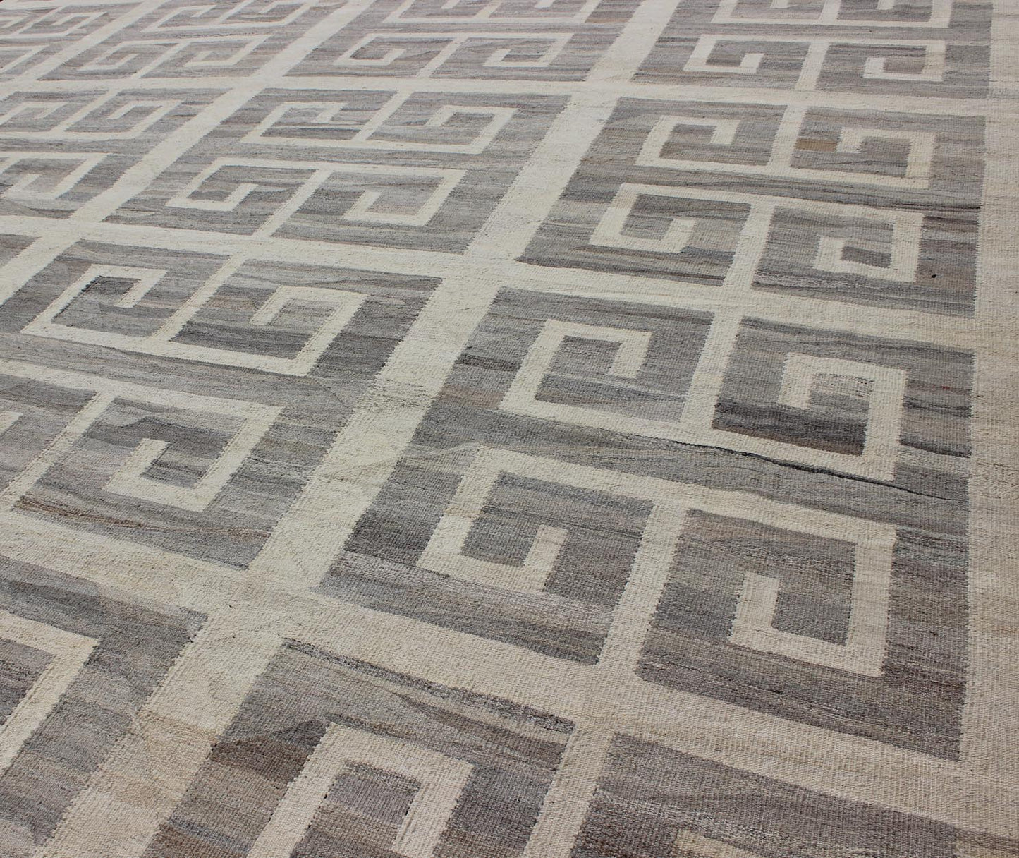 Oversized Modern Kilim with large scale Greek Key Design in Cream & Gray Tones. Large size Kilim, Hand made large Kilim, Modern Kilim This modern Kilim features a large Greek Key Design, rendered in shades of gray, cream and white. Large ... - Keivan Woven ArtsAFG - 466 - 10392Rug