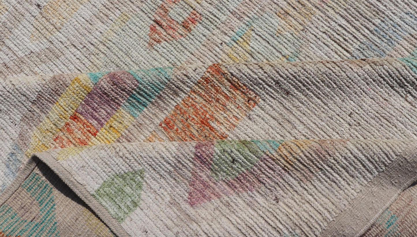 Large Hand Knotted Tribal Design Rug in off white With Pop of cheerful Colors. Hand Knotted Modern Rug in off White background and variety of light and fun colors and motifs. Keivan Woven Arts; rug / AFG - 58248 Country of Origin: Afghanistan Type... - Keivan Woven ArtsAFG - 58248 - 21553Rug
