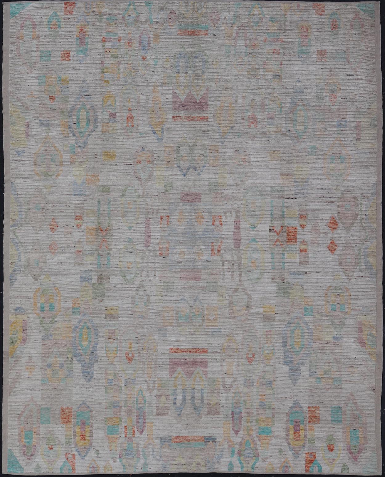 Large Hand Knotted Tribal Design Rug in off white With Pop of cheerful Colors. Hand Knotted Modern Rug in off White background and variety of light and fun colors and motifs. Keivan Woven Arts; rug / AFG - 58248 Country of Origin: Afghanistan Type... - Keivan Woven ArtsAFG - 58248 - 21553Rug