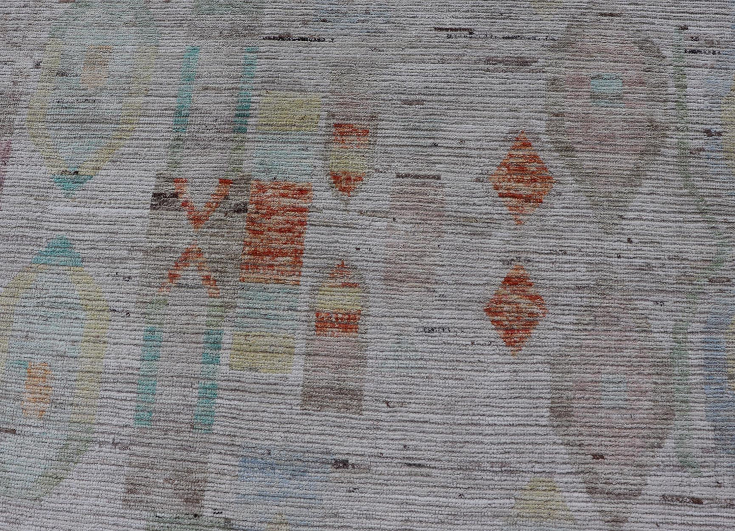 Large Hand Knotted Tribal Design Rug in off white With Pop of cheerful Colors. Hand Knotted Modern Rug in off White background and variety of light and fun colors and motifs. Keivan Woven Arts; rug / AFG - 58248 Country of Origin: Afghanistan Type... - Keivan Woven ArtsAFG - 58248 - 21553Rug