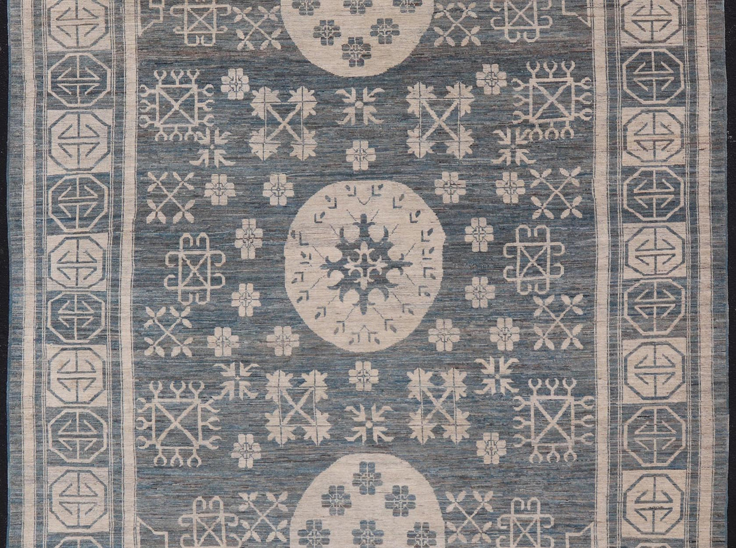 Modern Khotan Long Rug with Circular Medallions in Shades Of Steel Blue & Off White. Keivan Woven Arts rug AFG - 58337, Keivan Woven Arts / country of origin / type: Afghanistan / Khotan Measures: 10'6 x 16'3 This modern Khotan made rug fe... - Keivan Woven ArtsAFG - 58337 - 21457Rug