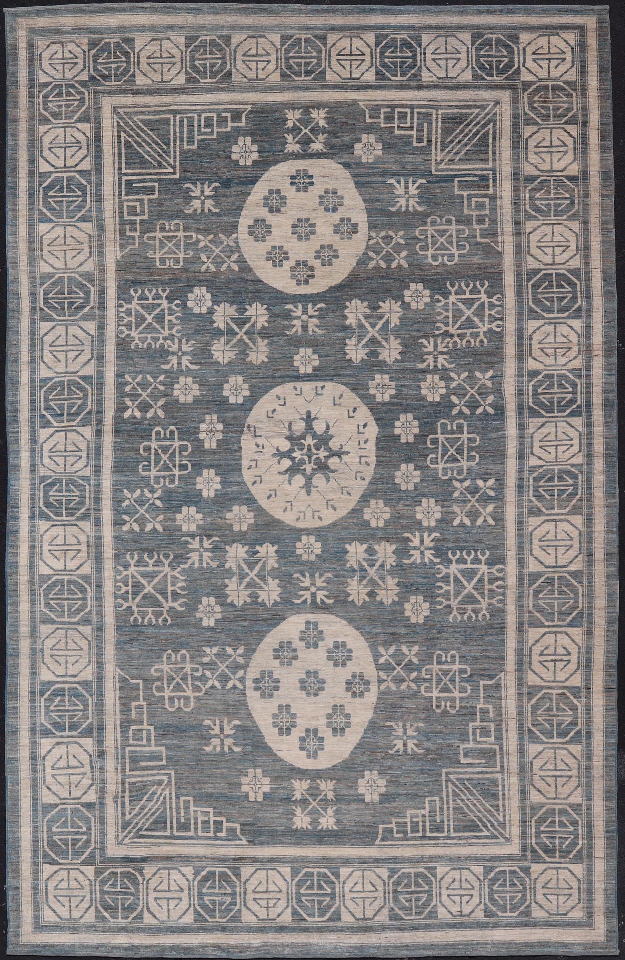 Modern Khotan Long Rug with Circular Medallions in Shades Of Steel Blue & Off White. Keivan Woven Arts rug AFG - 58337, Keivan Woven Arts / country of origin / type: Afghanistan / Khotan Measures: 10'6 x 16'3 This modern Khotan made rug fe... - Keivan Woven ArtsAFG - 58337 - 21457