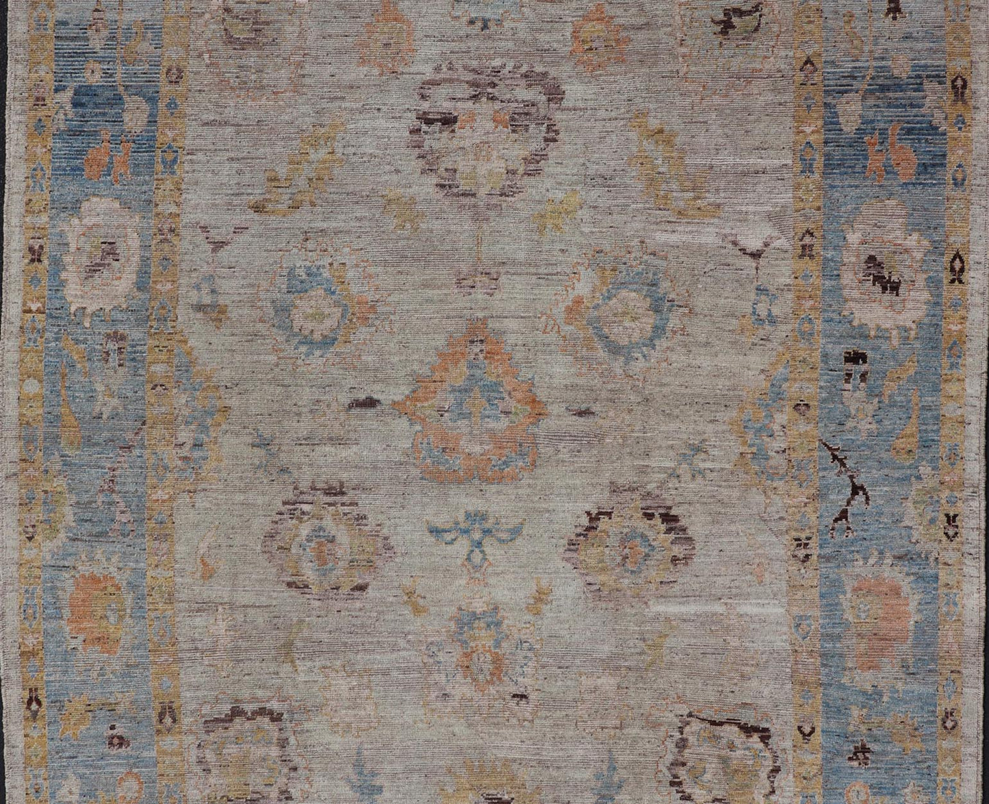 Large Floral Designed Modern Oushak on a Cream Field and Light Blue Border. Keivan Woven Arts rug / AFG - 64120 Country of Origin: Afghanistan Type: Oushak Design: Floral, All - Over, Arabesque - Floral 21st century. Measures: 10'5 x 13'10 Modern Ous... - Keivan Woven ArtsAFG - 64120 - 24806Rug