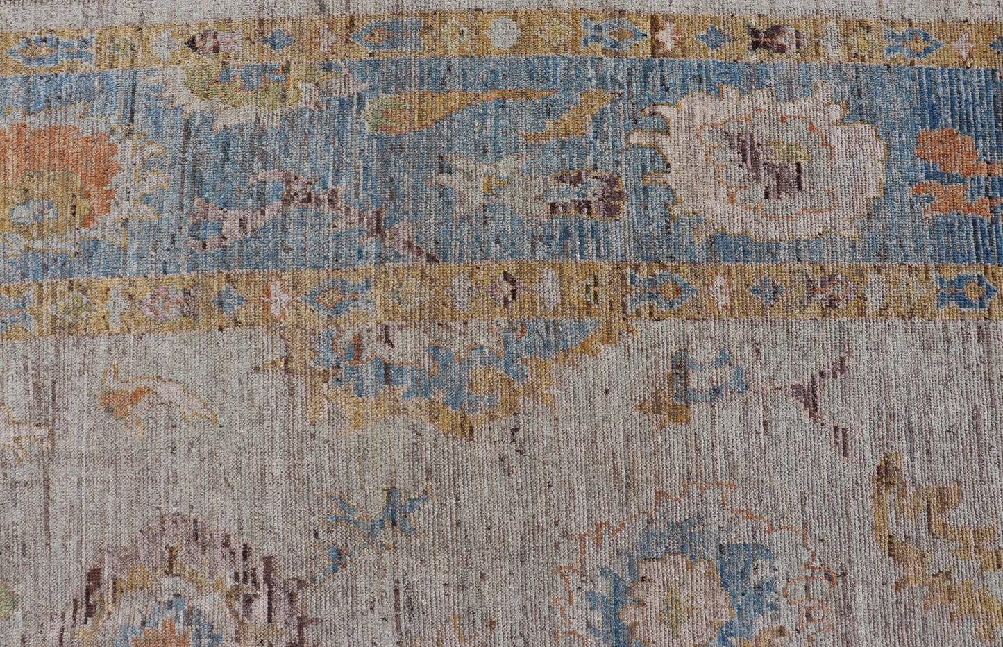 Large Floral Designed Modern Oushak on a Cream Field and Light Blue Border. Keivan Woven Arts rug / AFG - 64120 Country of Origin: Afghanistan Type: Oushak Design: Floral, All - Over, Arabesque - Floral 21st century. Measures: 10'5 x 13'10 Modern Ous... - Keivan Woven ArtsAFG - 64120 - 24806Rug