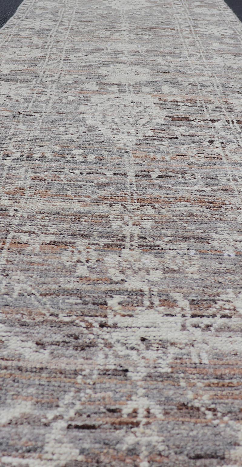 Modern Oushak Runner in Wool with Floral Design in Shades of Gray, Brown, Cream. Keivan Woven Arts; rug AFG - 64917, country of origin / type: Afghanistan / Oushak, circa Early - 21th Century. Measures: 3'0 x 12'1 This modern casual tribal Oushak de... - Keivan Woven ArtsAFG - 64917 - 25158Rug