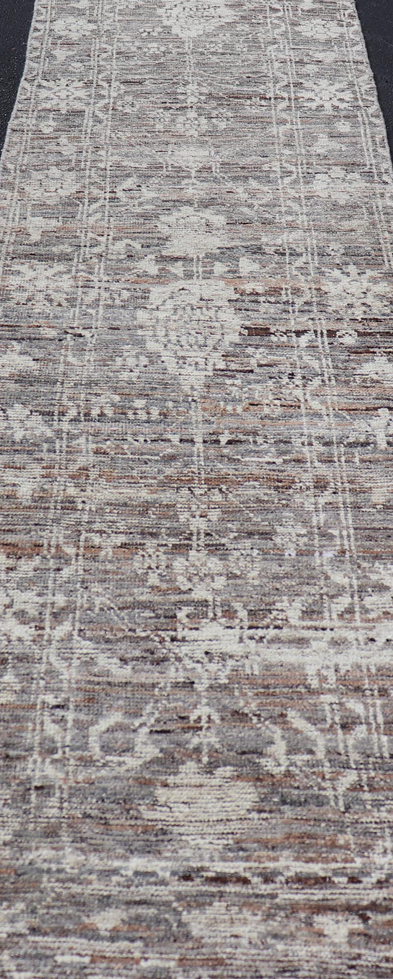 Modern Oushak Runner in Wool with Floral Design in Shades of Gray, Brown, Cream. Keivan Woven Arts; rug AFG - 64917, country of origin / type: Afghanistan / Oushak, circa Early - 21th Century. Measures: 3'0 x 12'1 This modern casual tribal Oushak de... - Keivan Woven ArtsAFG - 64917 - 25158Rug
