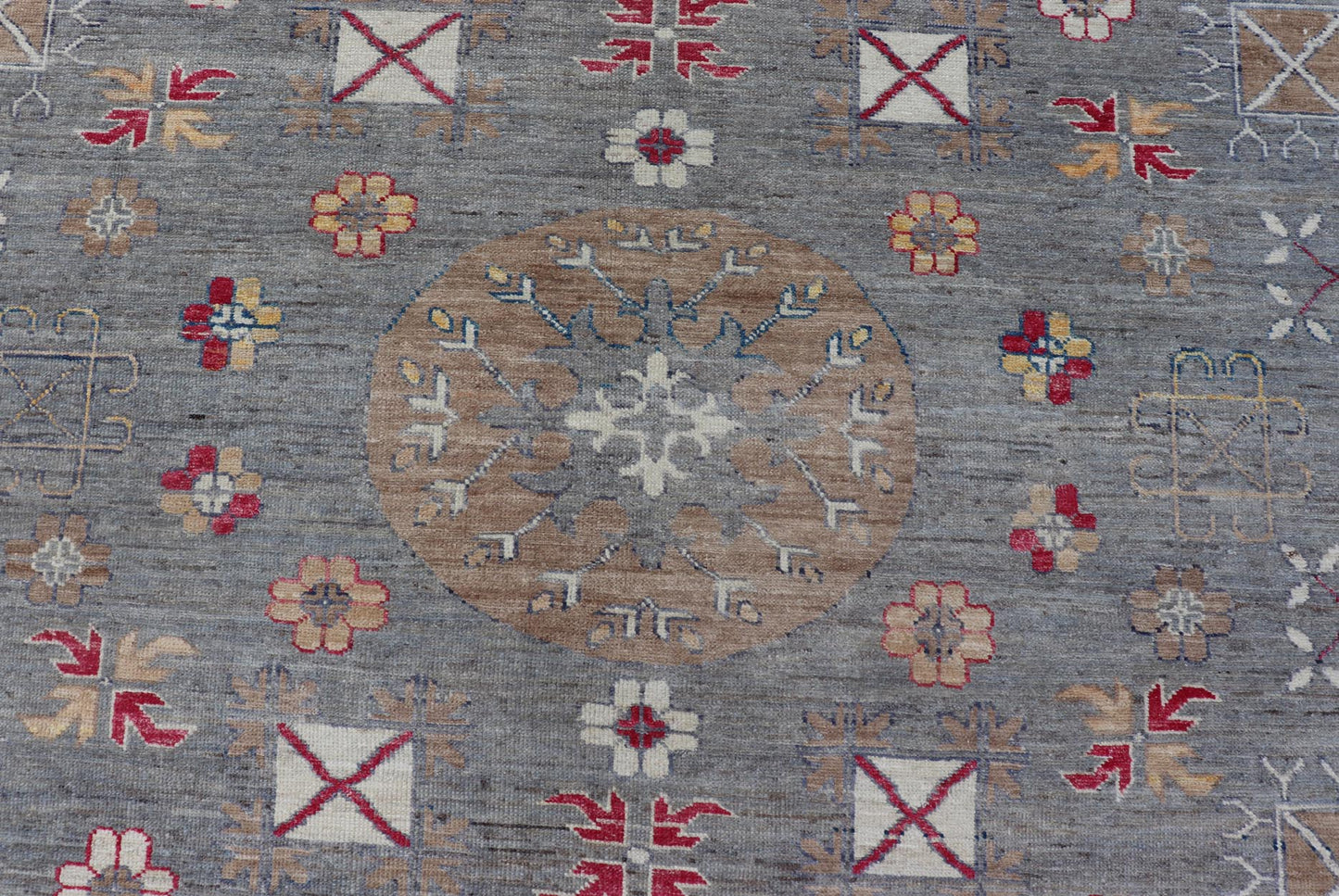 Modern Khotan Rug with Circular Medallions in Shades of Gray, Red, and Brown. Keivan Woven Arts rug AFG - 67300 / country of origin / type: Afghanistan / Khotan. Measures: 9'6 x 11'9 This modern Khotan made rug features Samarkand design with mult... - Keivan Woven ArtsAFG - 67300 - 24541Rugs