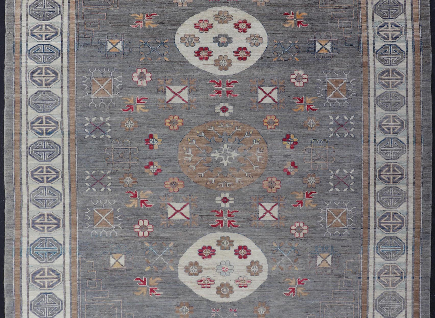 Modern Khotan Rug with Circular Medallions in Shades of Gray, Red, and Brown. Keivan Woven Arts rug AFG - 67300 / country of origin / type: Afghanistan / Khotan. Measures: 9'6 x 11'9 This modern Khotan made rug features Samarkand design with mult... - Keivan Woven ArtsAFG - 67300 - 24541Rugs