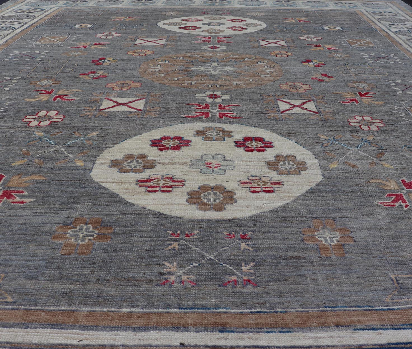 Modern Khotan Rug with Circular Medallions in Shades of Gray, Red, and Brown. Keivan Woven Arts rug AFG - 67300 / country of origin / type: Afghanistan / Khotan. Measures: 9'6 x 11'9 This modern Khotan made rug features Samarkand design with mult... - Keivan Woven ArtsAFG - 67300 - 24541Rugs