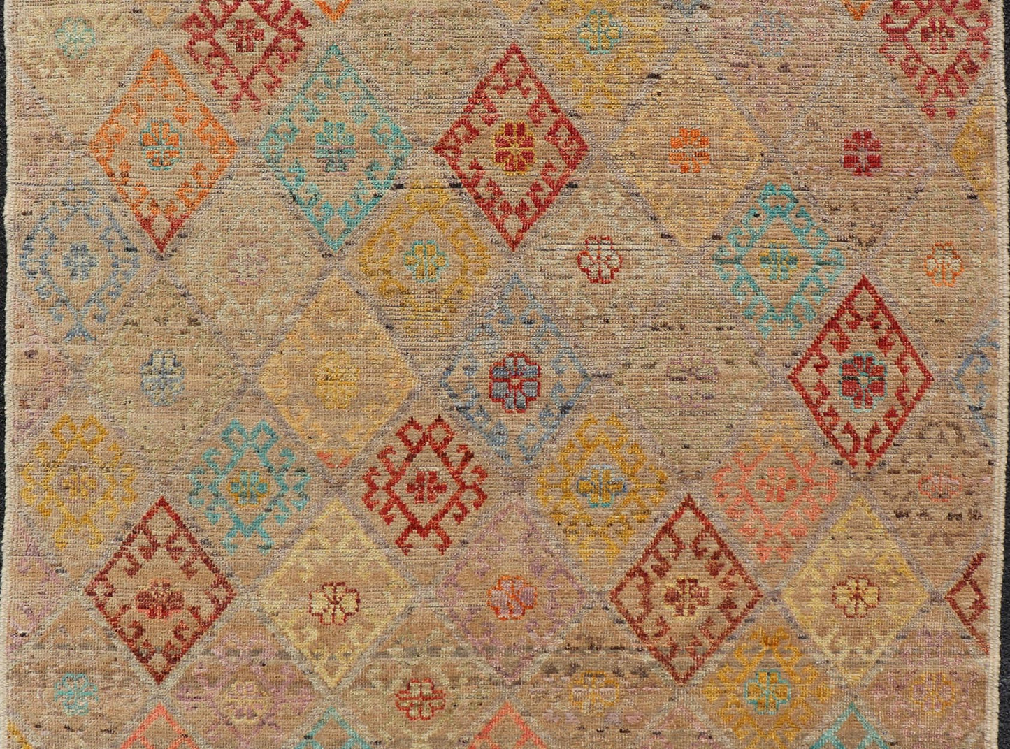 Modern Hand - Knotted Tribal Rug in Wool with Sub - Geometric Diamond Design This modern casual tribal rug has been hand - knotted. The rug features a modern sub - geometric diamond design rendered in multicolor; making this rug a superb fit for a vari... - Keivan Woven ArtsAFGC - 39941 - 19388Rug