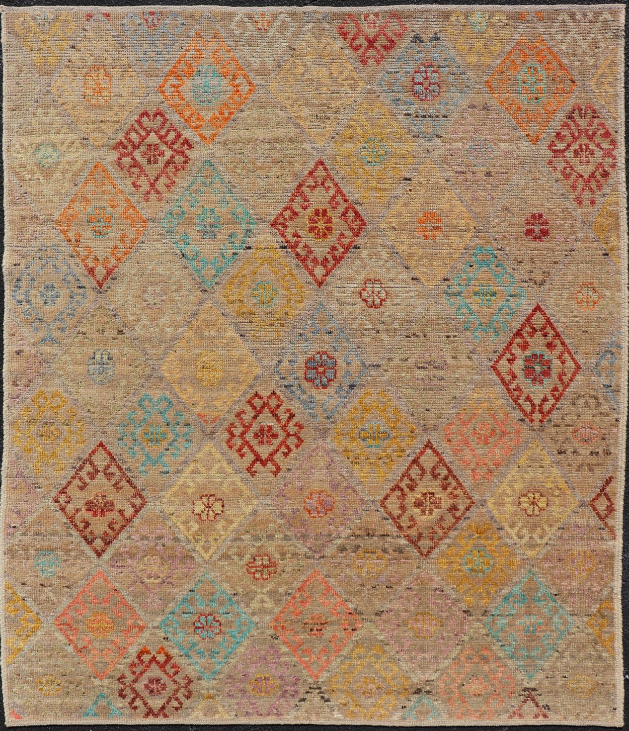 Modern Hand - Knotted Tribal Rug in Wool with Sub - Geometric Diamond Design This modern casual tribal rug has been hand - knotted. The rug features a modern sub - geometric diamond design rendered in multicolor; making this rug a superb fit for a vari... - Keivan Woven ArtsAFGC - 39941 - 19388Rug