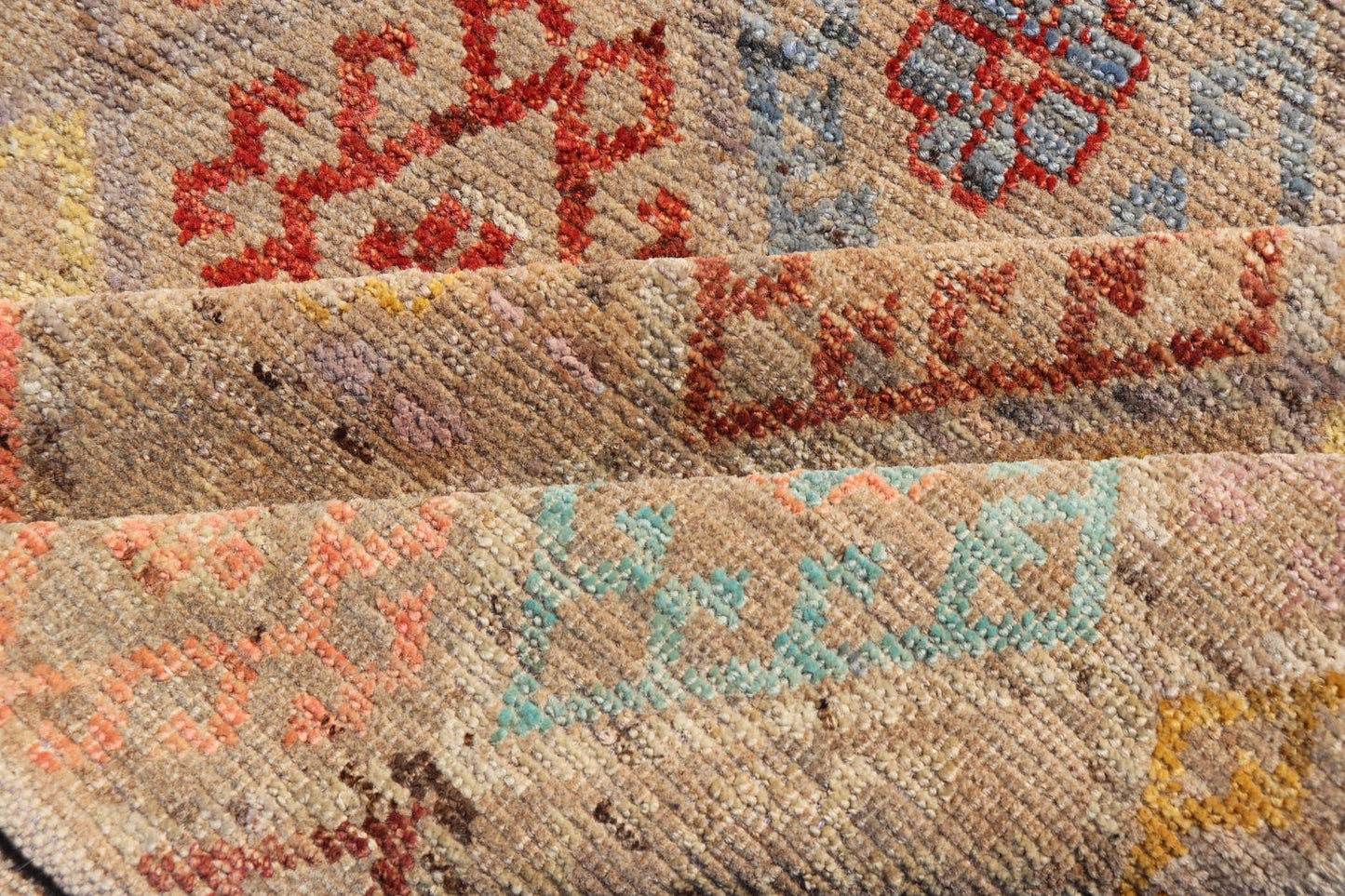 Modern Hand - Knotted Tribal Rug in Wool with Sub - Geometric Diamond Design This modern casual tribal rug has been hand - knotted. The rug features a modern sub - geometric diamond design rendered in multicolor; making this rug a superb fit for a vari... - Keivan Woven ArtsAFGC - 39941 - 19388Rug