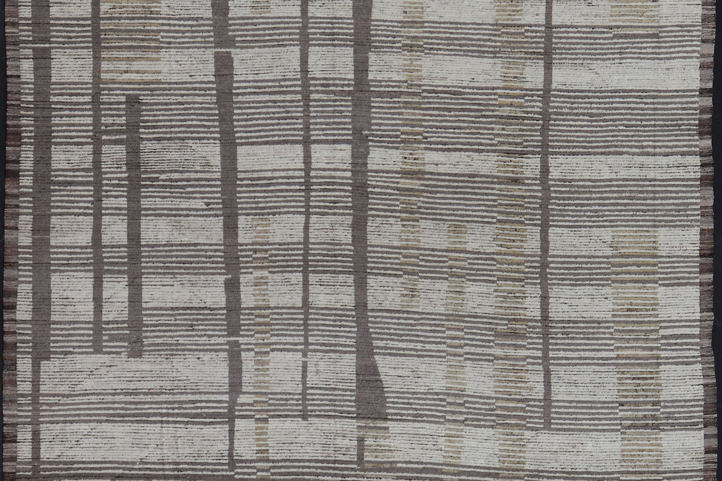 Oversized Afghan Modern Casual Abstract Rug in Muted Earthy Tones This large modern casual features earthy tones, starting with a homogeneous ivory background, with panes of horizontal stripes of taupe. The field features an abstract fo... - Keivan Woven ArtsAFGC - 43431 - 20163Rug