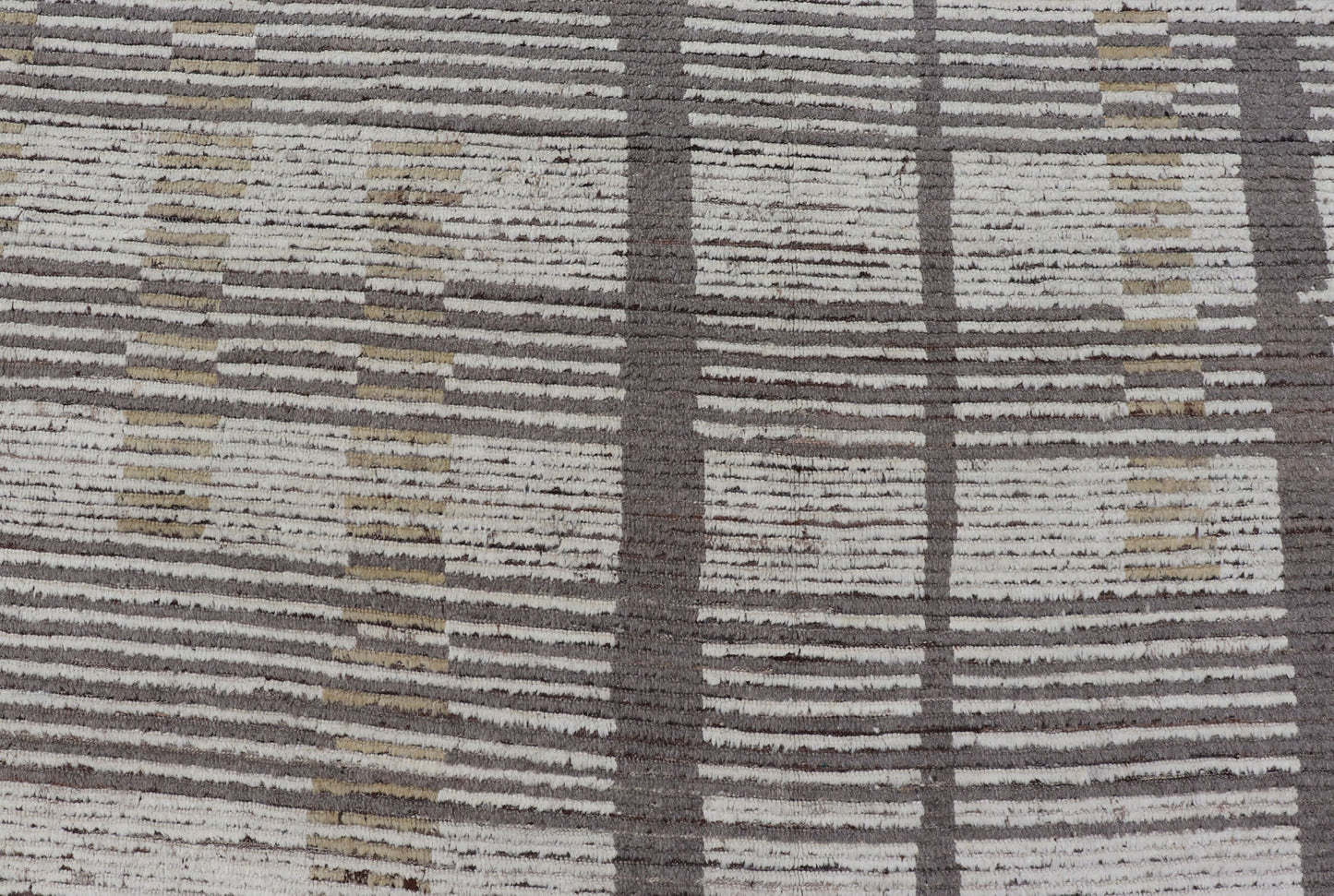 Oversized Afghan Modern Casual Abstract Rug in Muted Earthy Tones This large modern casual features earthy tones, starting with a homogeneous ivory background, with panes of horizontal stripes of taupe. The field features an abstract fo... - Keivan Woven ArtsAFGC - 43431 - 20163Rug