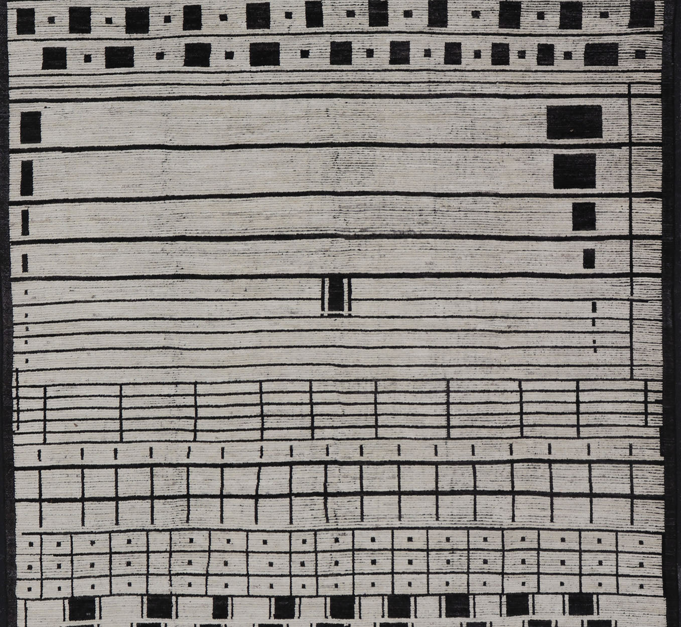 Palace Size Afghan Modern Casual Hand - Knotted in Wool With Black and White This oversized modern casual displays sub - geometric patterns on the top and bottom of the field, stacked above and below striped and boxed abstractions. The timeless ... - Keivan Woven ArtsAFGC - 43440 - 20151Rug
