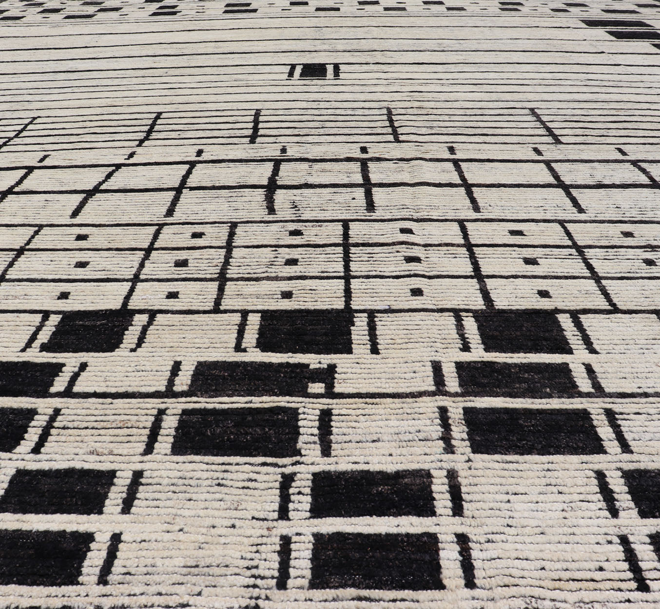Palace Size Afghan Modern Casual Hand - Knotted in Wool With Black and White This oversized modern casual displays sub - geometric patterns on the top and bottom of the field, stacked above and below striped and boxed abstractions. The timeless ... - Keivan Woven ArtsAFGC - 43440 - 20151Rug