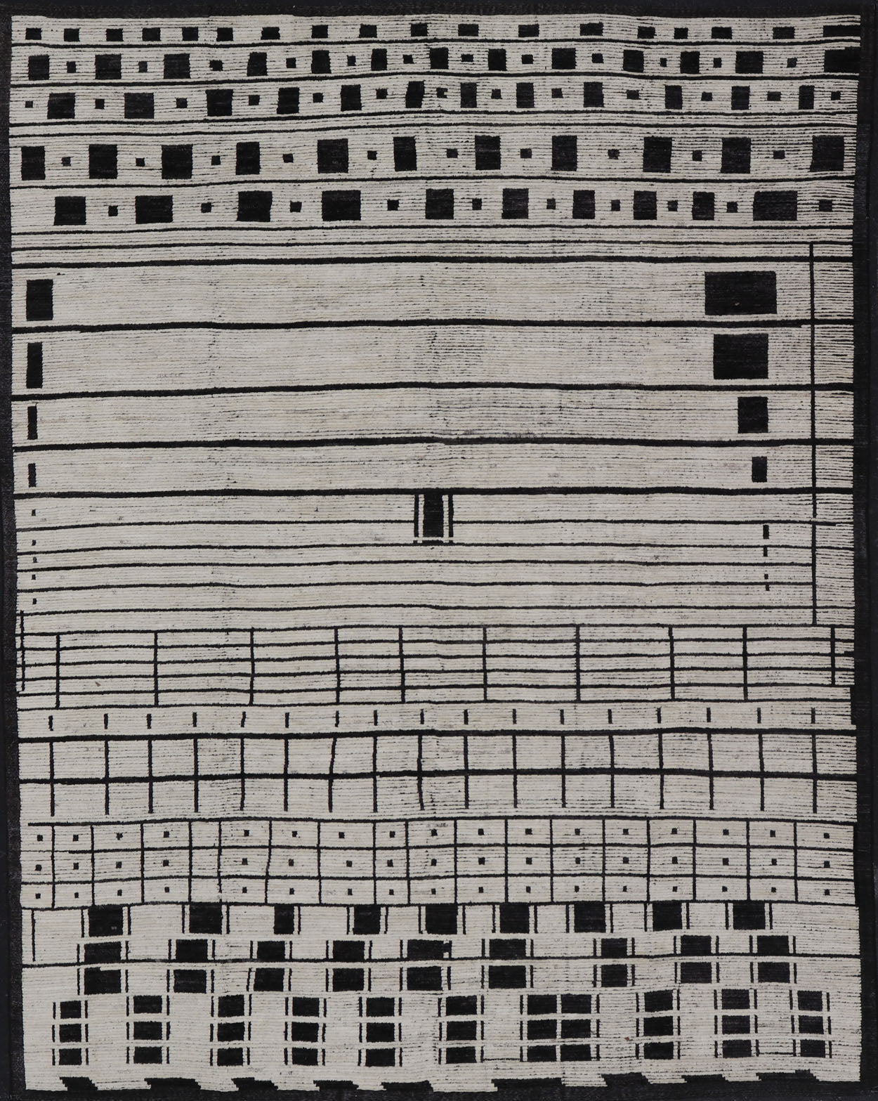 Palace Size Afghan Modern Casual Hand - Knotted in Wool With Black and White This oversized modern casual displays sub - geometric patterns on the top and bottom of the field, stacked above and below striped and boxed abstractions. The timeless ... - Keivan Woven ArtsAFGC - 43440 - 20151Rug