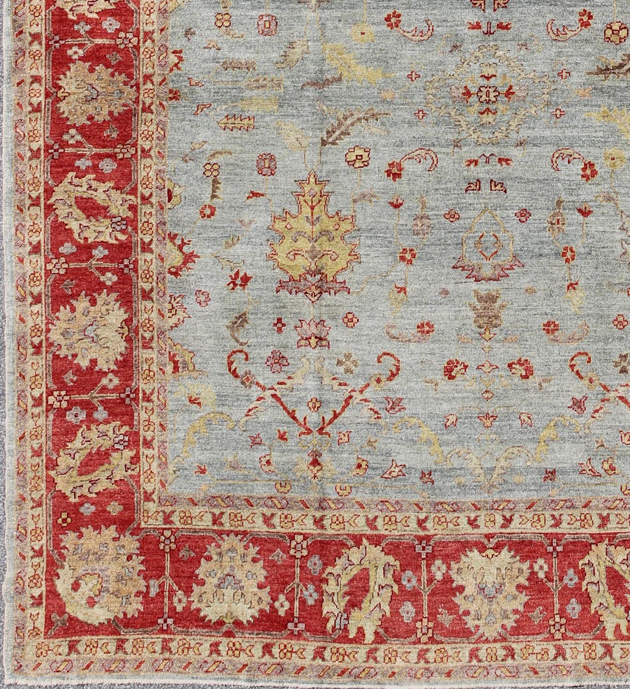 Angora Turkish Oushak Rug in Raspberry Red, Light Blue, Light Green & Butter. Angora collection is the finest Oushak reproductions. Keivan Woven Arts/ Rug/AN - 113926, Reproduction Angora Oushak. Measures:12'4 x 13'11 From our Angora Colle... - Keivan Woven ArtsAN - 113926 - 3253Rug