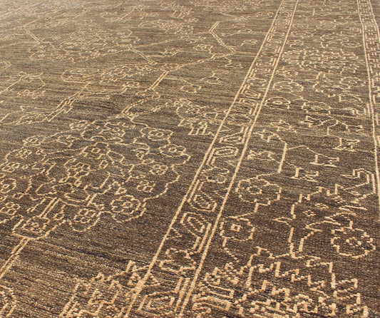 Fine Transitional Rug with Stylized Geometric Motifs in Brown and Light Blue Light brown and very finely woven Transitional rug in the brown background of light blue highlights, Keivan Woven Arts, rug AN - 115307, country of origin / type: Turkey ... - Keivan Woven ArtsAN - 115307 - 3728