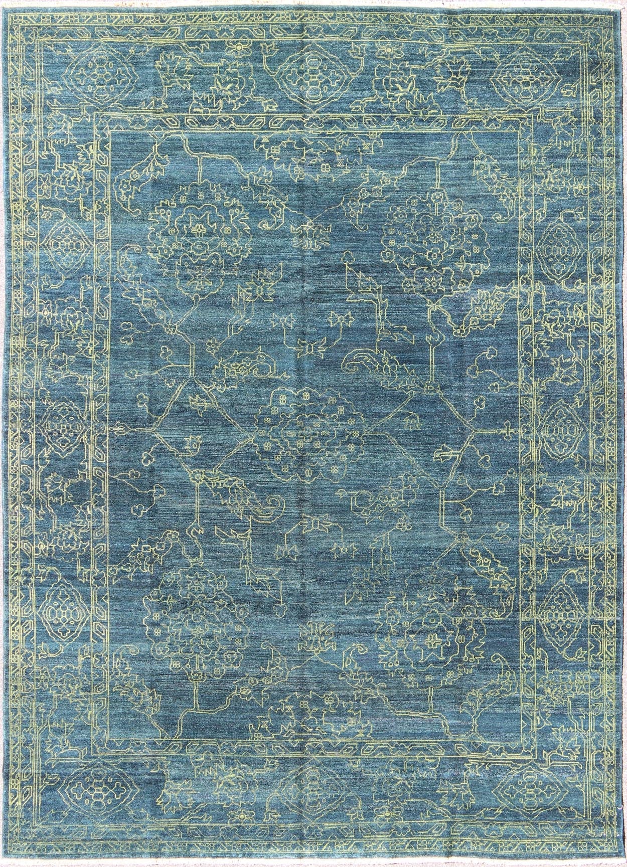 Fine Modern Rug with Transitional Design in Teal Blue and Lime Green Modern Rug with Transitional Design, rug AN - 118152, country of origin / type: Turkey / Modern, circa Early - 21st Century. Measures: 9'0 x 11'11. This finely hand ... - Keivan Woven ArtsAN - 118152 - 5189Rug