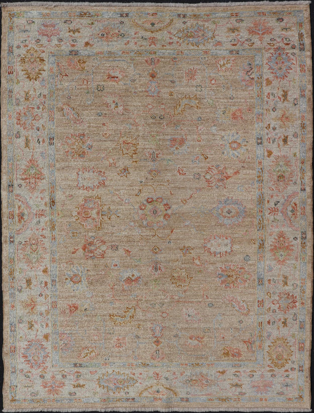 Turkish Oushak Floral Design with Color on A Taupe Field and Ivory Border This hand - knotted Oushak has a sub - floral Oushak design that spreads on the the field, rendered in coral, salmon, light blue, gold, and green. The background of the field... - Keivan Woven ArtsAN - 149322 - 19923Rug