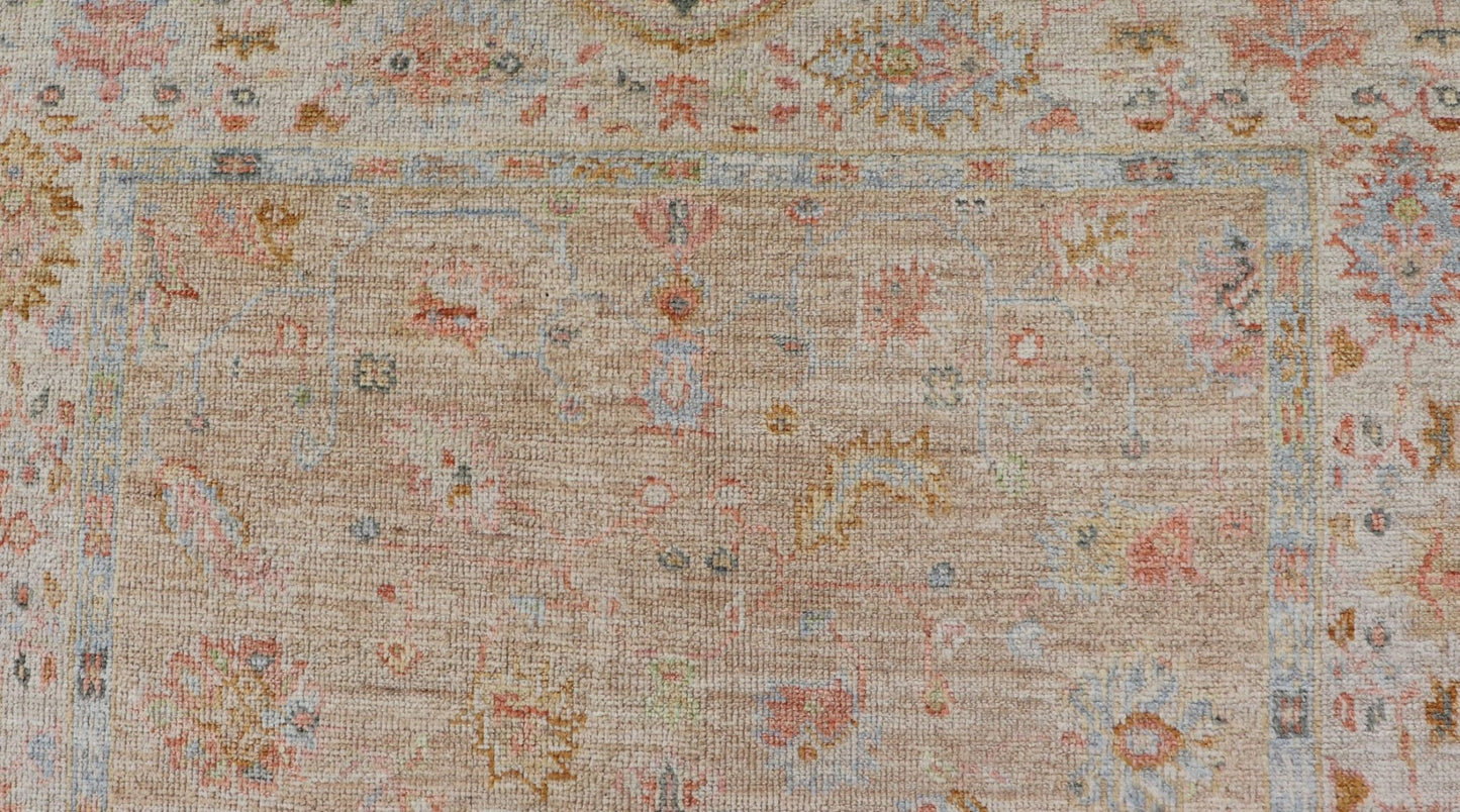 Turkish Oushak Floral Design with Color on A Taupe Field and Ivory Border This hand - knotted Oushak has a sub - floral Oushak design that spreads on the the field, rendered in coral, salmon, light blue, gold, and green. The background of the field... - Keivan Woven ArtsAN - 149322 - 19923Rug