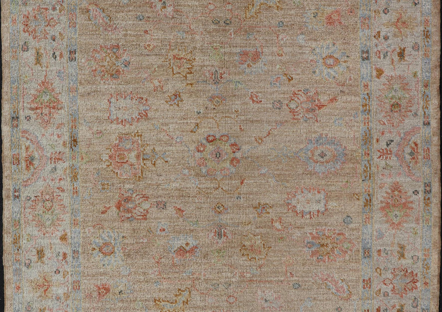 Turkish Oushak Floral Design with Color on A Taupe Field and Ivory Border This hand - knotted Oushak has a sub - floral Oushak design that spreads on the the field, rendered in coral, salmon, light blue, gold, and green. The background of the field... - Keivan Woven ArtsAN - 149322 - 19923Rug