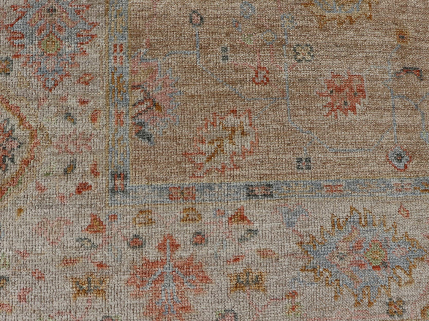 Floral Turkish Angora Oushak with Sandy - Taupe Background and Cream Border This Turkish Oushak was hand - knotted with angora wool. The field's background is rendered in a sandy - taupe, while the border's background is a cream color. The classic Ous... - Keivan Woven ArtsAN - 149571 - 19929Rug