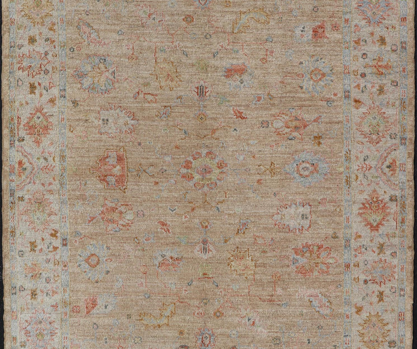 Floral Turkish Angora Oushak with Sandy - Taupe Background and Cream Border This Turkish Oushak was hand - knotted with angora wool. The field's background is rendered in a sandy - taupe, while the border's background is a cream color. The classic Ous... - Keivan Woven ArtsAN - 149571 - 19929Rug