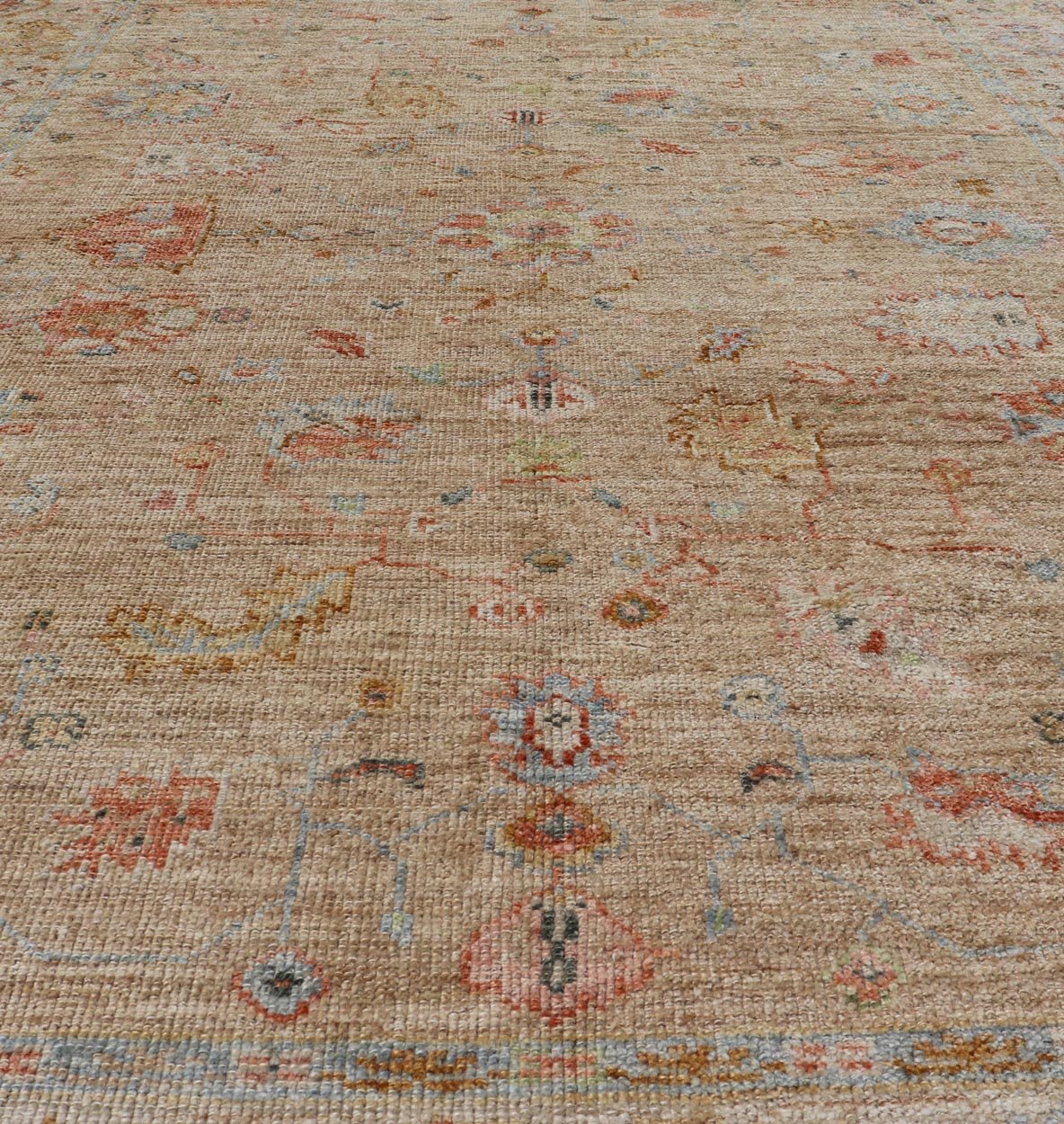 Floral Turkish Angora Oushak with Sandy - Taupe Background and Cream Border This Turkish Oushak was hand - knotted with angora wool. The field's background is rendered in a sandy - taupe, while the border's background is a cream color. The classic Ous... - Keivan Woven ArtsAN - 149571 - 19929Rug