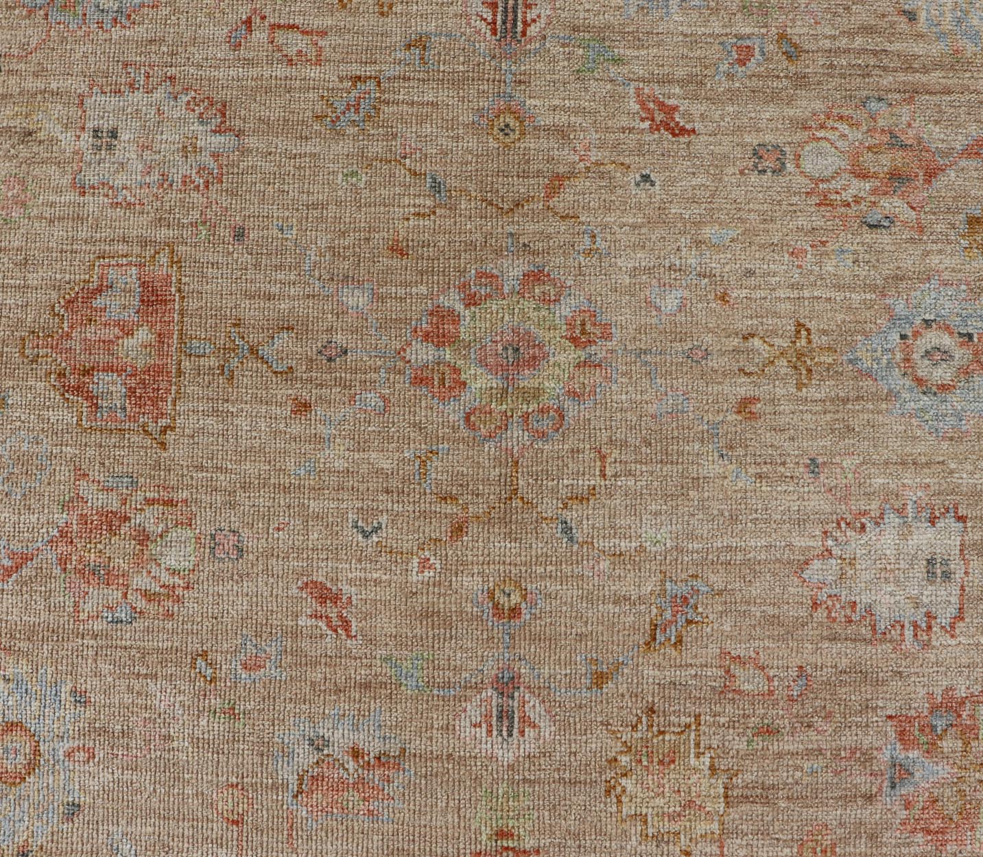 Floral Turkish Angora Oushak with Sandy - Taupe Background and Cream Border This Turkish Oushak was hand - knotted with angora wool. The field's background is rendered in a sandy - taupe, while the border's background is a cream color. The classic Ous... - Keivan Woven ArtsAN - 149571 - 19929Rug
