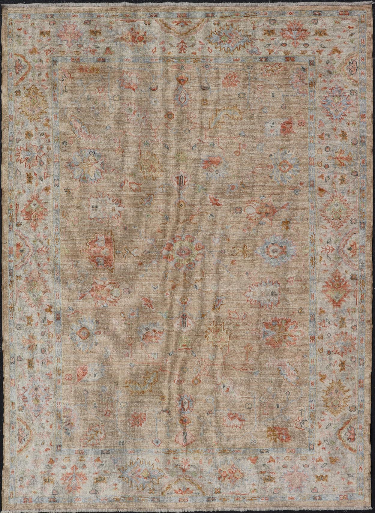 Floral Turkish Angora Oushak with Sandy - Taupe Background and Cream Border This Turkish Oushak was hand - knotted with angora wool. The field's background is rendered in a sandy - taupe, while the border's background is a cream color. The classic Ous... - Keivan Woven ArtsAN - 149571 - 19929Rug