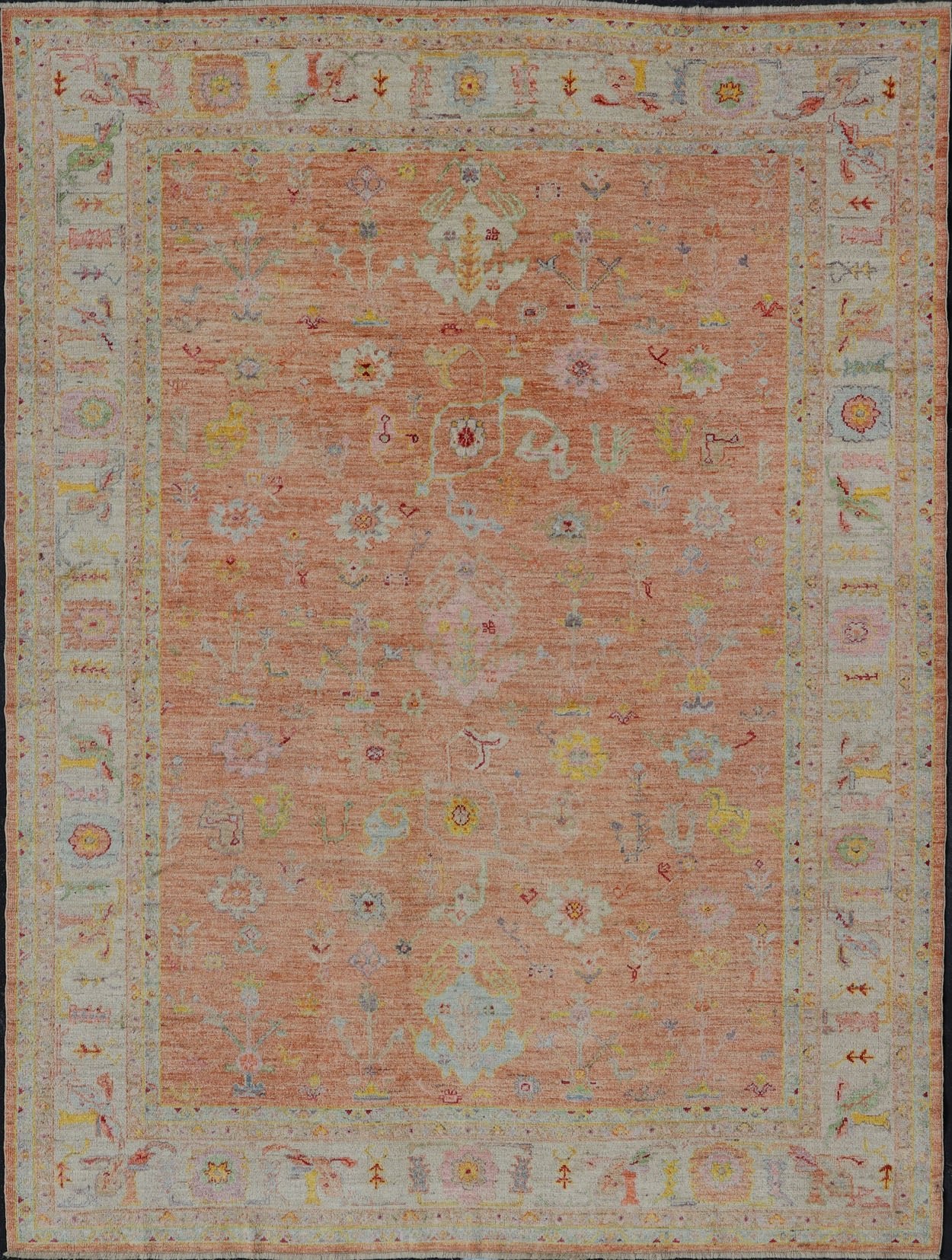 Vibrant Floral Medley on Salmon Pink Hand - Knotted Rug by Keivan Woven Arts. rug / AN - 149682, Turkish 21st Century. Measures: 10'0 x 12'11 The rug showcase's a beautifully woven rug with a vibrant and colorful design on a warm salmon pink backgro... - Keivan Woven ArtsAN - 149682 - 16412Rug