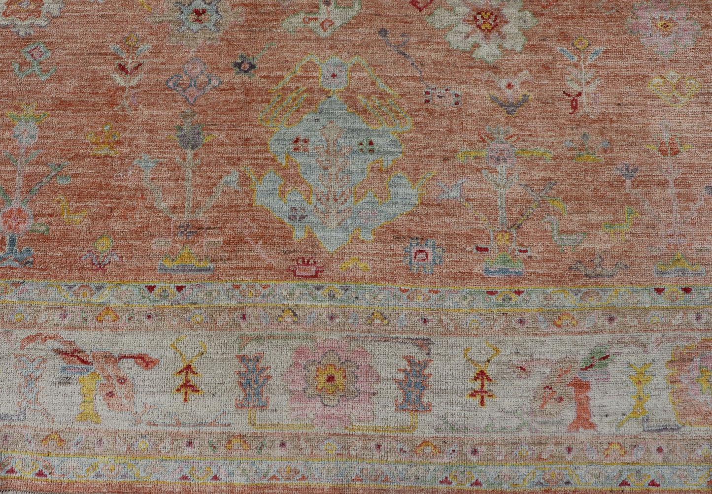 Vibrant Floral Medley on Salmon Pink Hand - Knotted Rug by Keivan Woven Arts. rug / AN - 149682, Turkish 21st Century. Measures: 10'0 x 12'11 The rug showcase's a beautifully woven rug with a vibrant and colorful design on a warm salmon pink backgro... - Keivan Woven ArtsAN - 149682 - 16412Rug