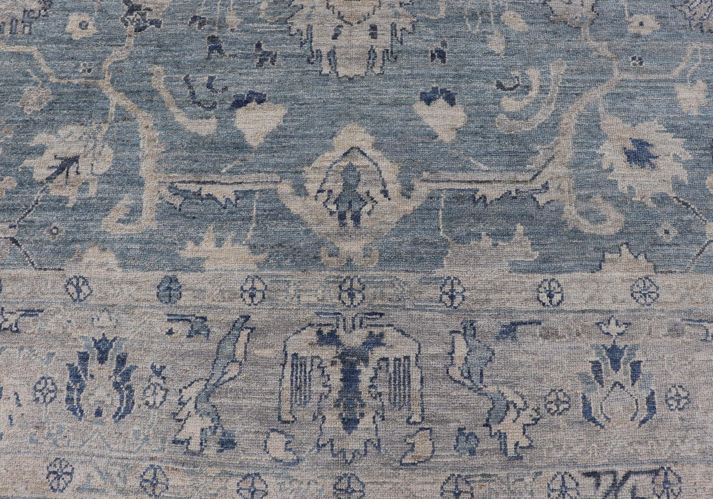 Turkish Angora Oushak Rug in Dusty Blue Background and Silver Border. Keivan Woven Arts / rug AN - 151115, country of origin / type: Turkey / Oushak. antique reproduction Ushak, angora Oushak. Measures: 9'2 x 11'7 The angora collection is made wit... - Keivan Woven ArtsAN - 151115 - 21349Rug