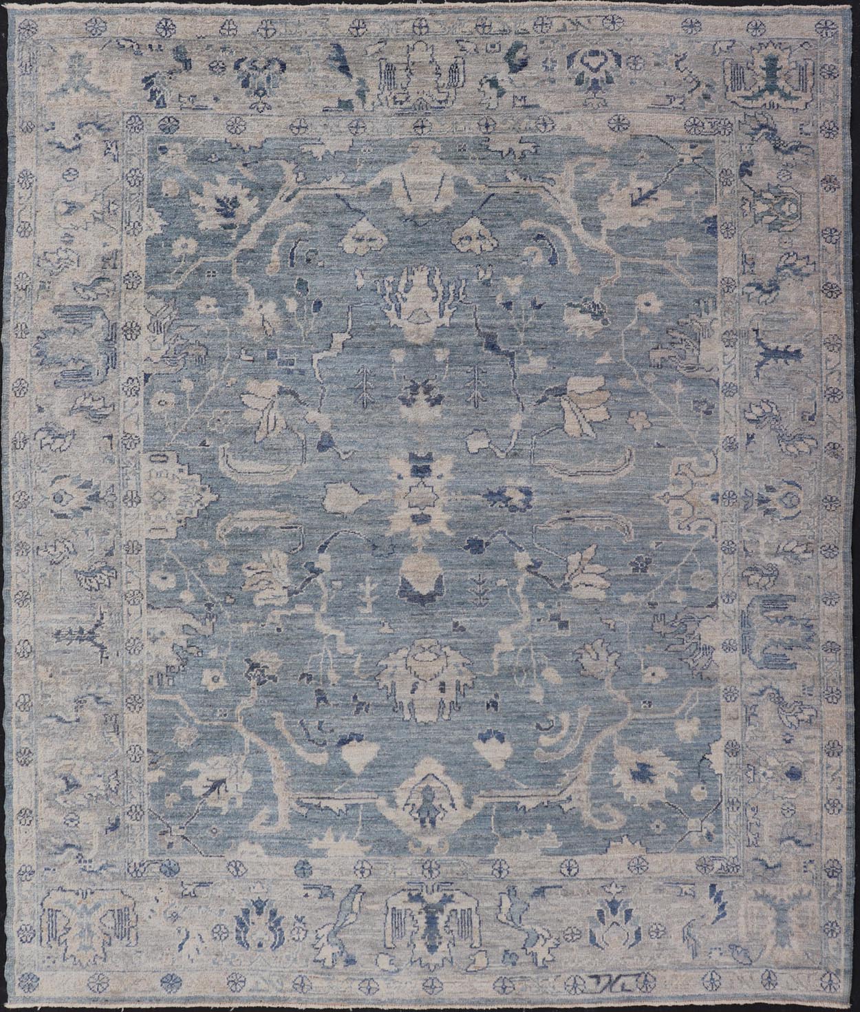 Turkish Angora Oushak Rug in Dusty Blue Background and Silver Border. Keivan Woven Arts / rug AN - 151115, country of origin / type: Turkey / Oushak. antique reproduction Ushak, angora Oushak. Measures: 9'2 x 11'7 The angora collection is made wit... - Keivan Woven ArtsAN - 151115 - 21349Rug