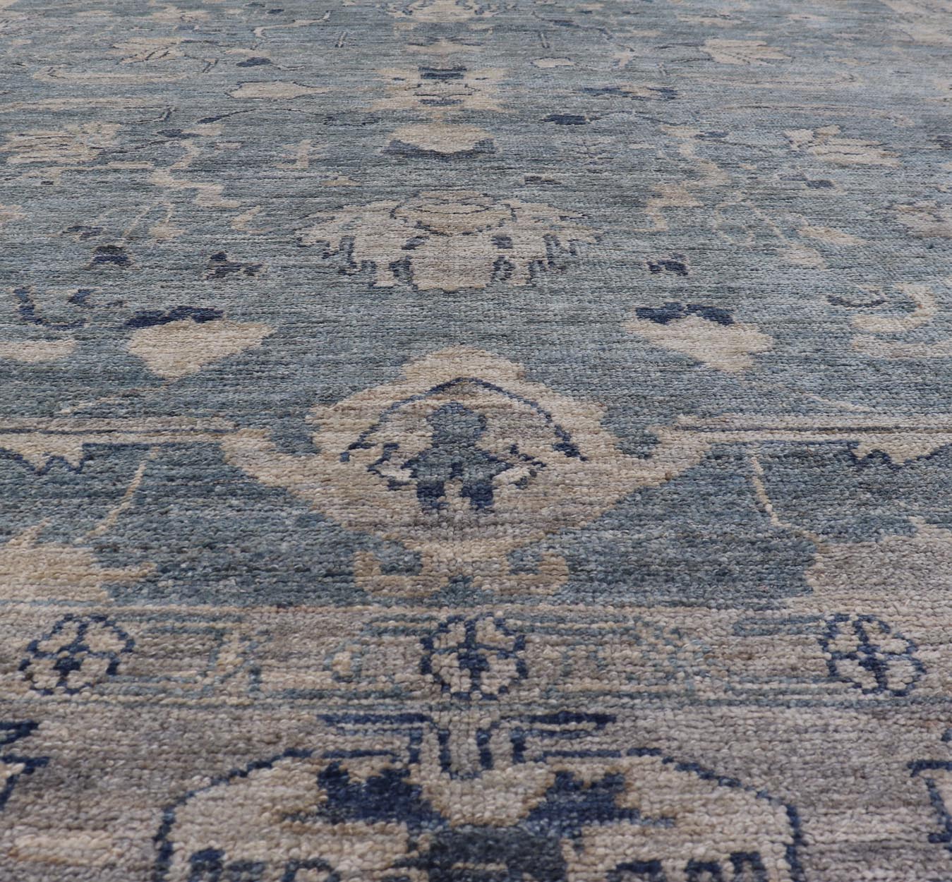Turkish Angora Oushak Rug in Dusty Blue Background and Silver Border. Keivan Woven Arts / rug AN - 151115, country of origin / type: Turkey / Oushak. antique reproduction Ushak, angora Oushak. Measures: 9'2 x 11'7 The angora collection is made wit... - Keivan Woven ArtsAN - 151115 - 21349Rug