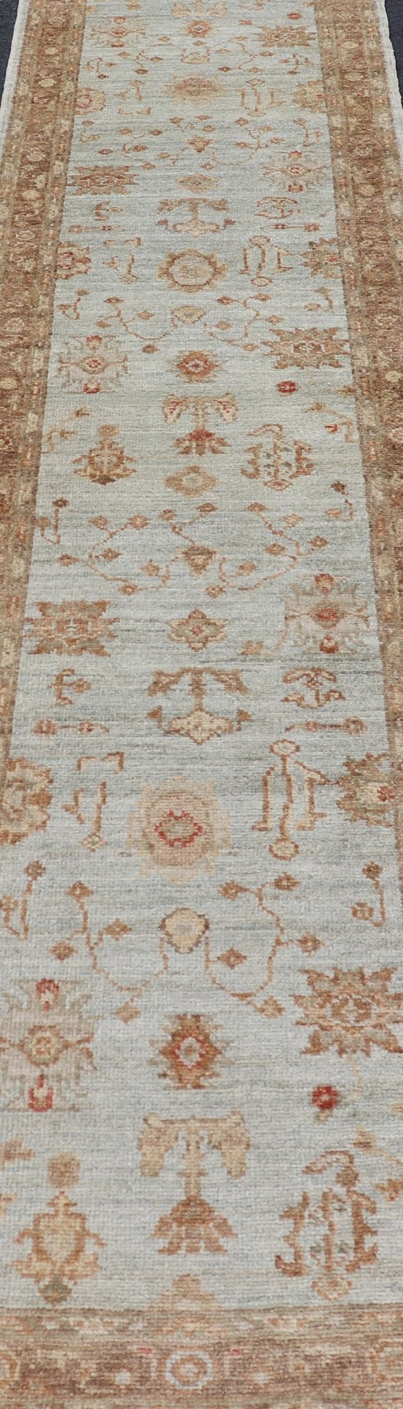 Turkish Angora Oushak Turkish Runner with Angora Wool in Sky Blue, Brown and Red Turkish Oushak Runner, rug AN - 97747, country of origin / type: Turkey / Oushak, circa Early - 21st Century. Measures: 2'7 x 11'1. - Keivan Woven ArtsAN - 97747 - 1508Rug