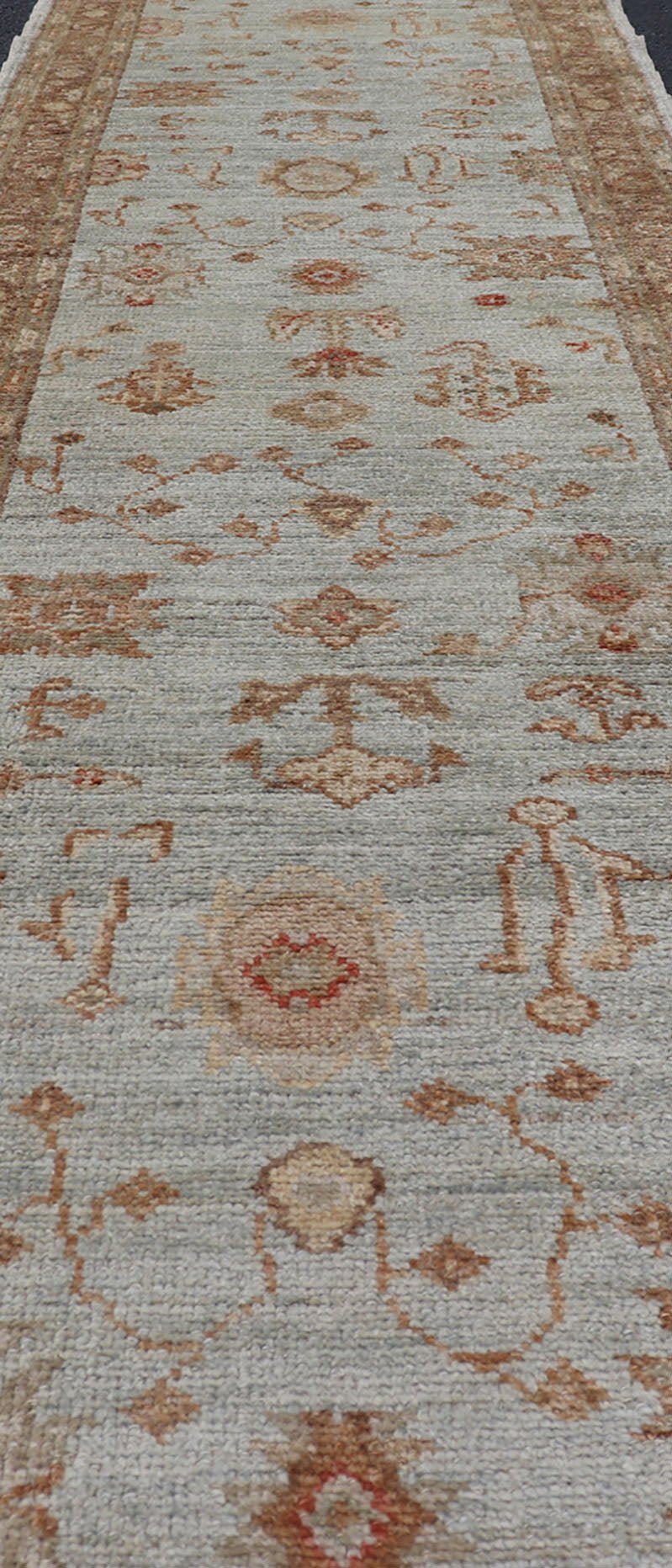 Turkish Angora Oushak Turkish Runner with Angora Wool in Sky Blue, Brown and Red Turkish Oushak Runner, rug AN - 97747, country of origin / type: Turkey / Oushak, circa Early - 21st Century. Measures: 2'7 x 11'1. - Keivan Woven ArtsAN - 97747 - 1508Rug